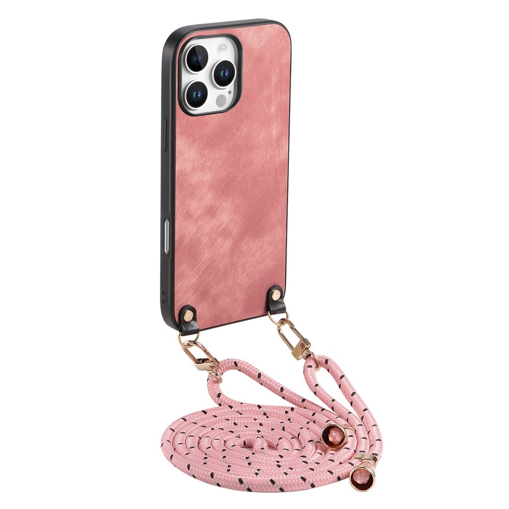 For iPhone 16 Pro Retro Leather Phone Back Cover with Adjustable Strap - Pink