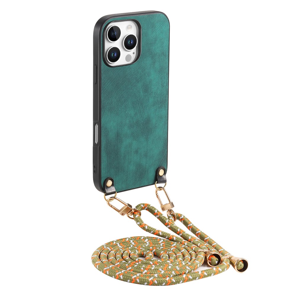 For iPhone 16 Pro Retro Leather Phone Back Cover with Adjustable Strap - Green
