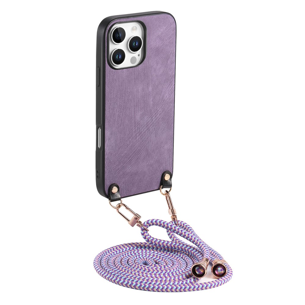 For iPhone 16 Pro Retro Leather Phone Back Cover with Adjustable Strap - Purple