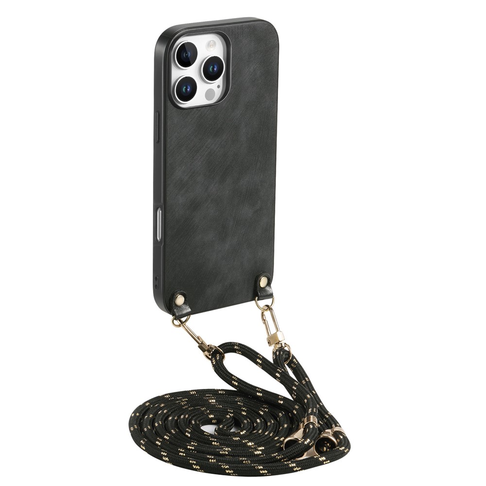 For iPhone 16 Pro Max Retro Leather Phone Back Cover with Adjustable Strap - Black