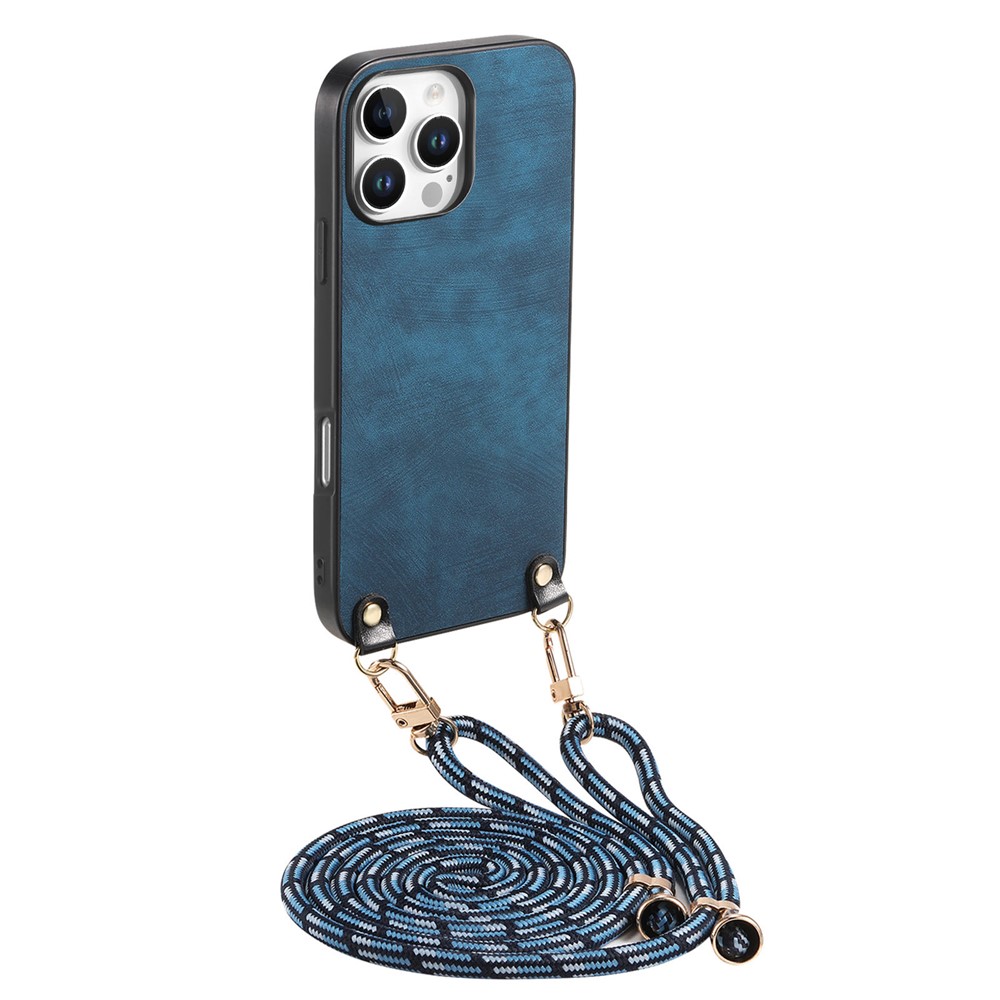 For iPhone 16 Pro Max Retro Leather Phone Back Cover with Adjustable Strap - Blue