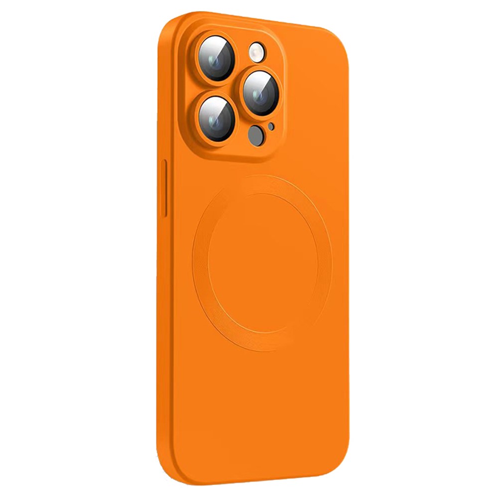 For iPhone 15 Pro Case Compatible with MagSafe Liquid Silicone Phone Cover with Tempered Glass Lens Protector - Orange