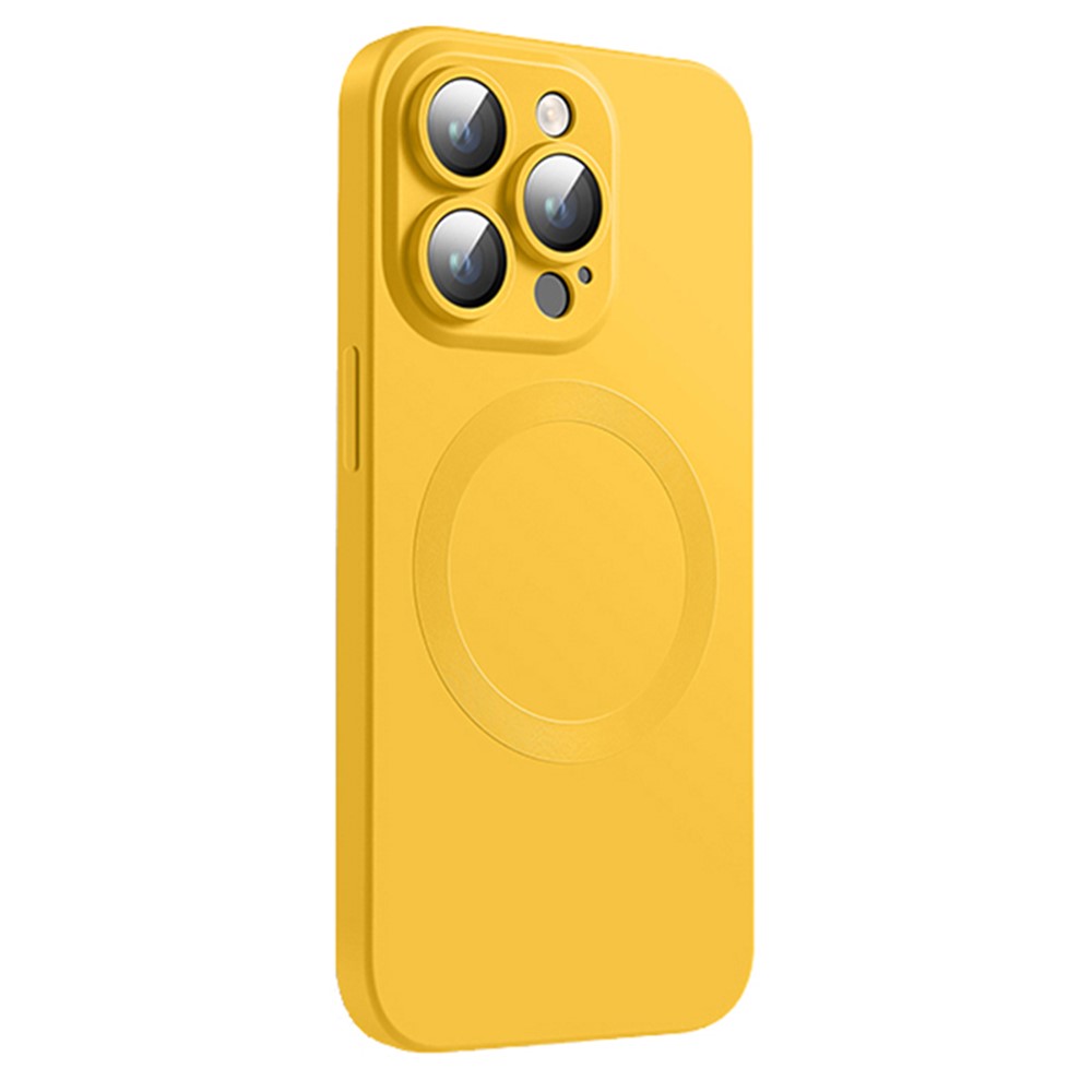 For iPhone 15 Pro Case Compatible with MagSafe Liquid Silicone Phone Cover with Tempered Glass Lens Protector - Yellow
