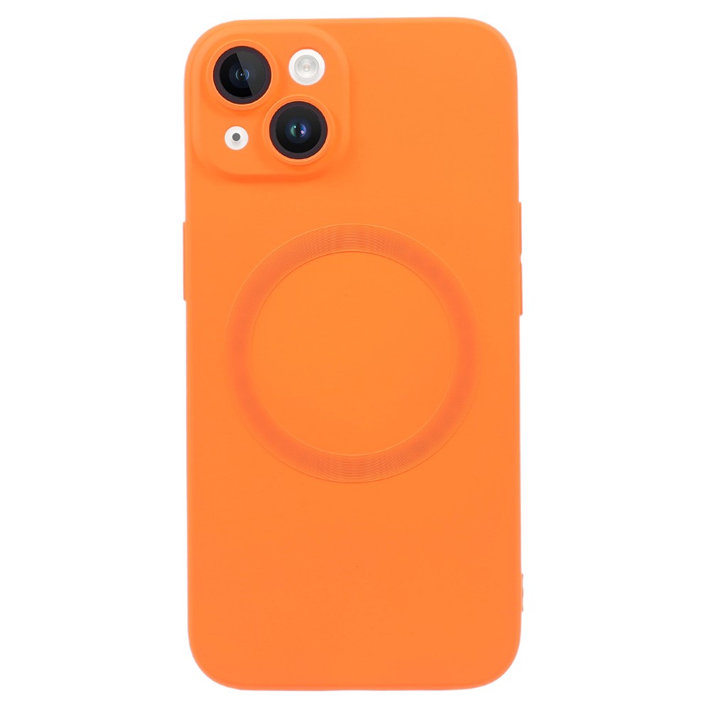 For iPhone 15 Plus Case Compatible with MagSafe Liquid Silicone Phone Cover with Tempered Glass Lens Protector - Orange
