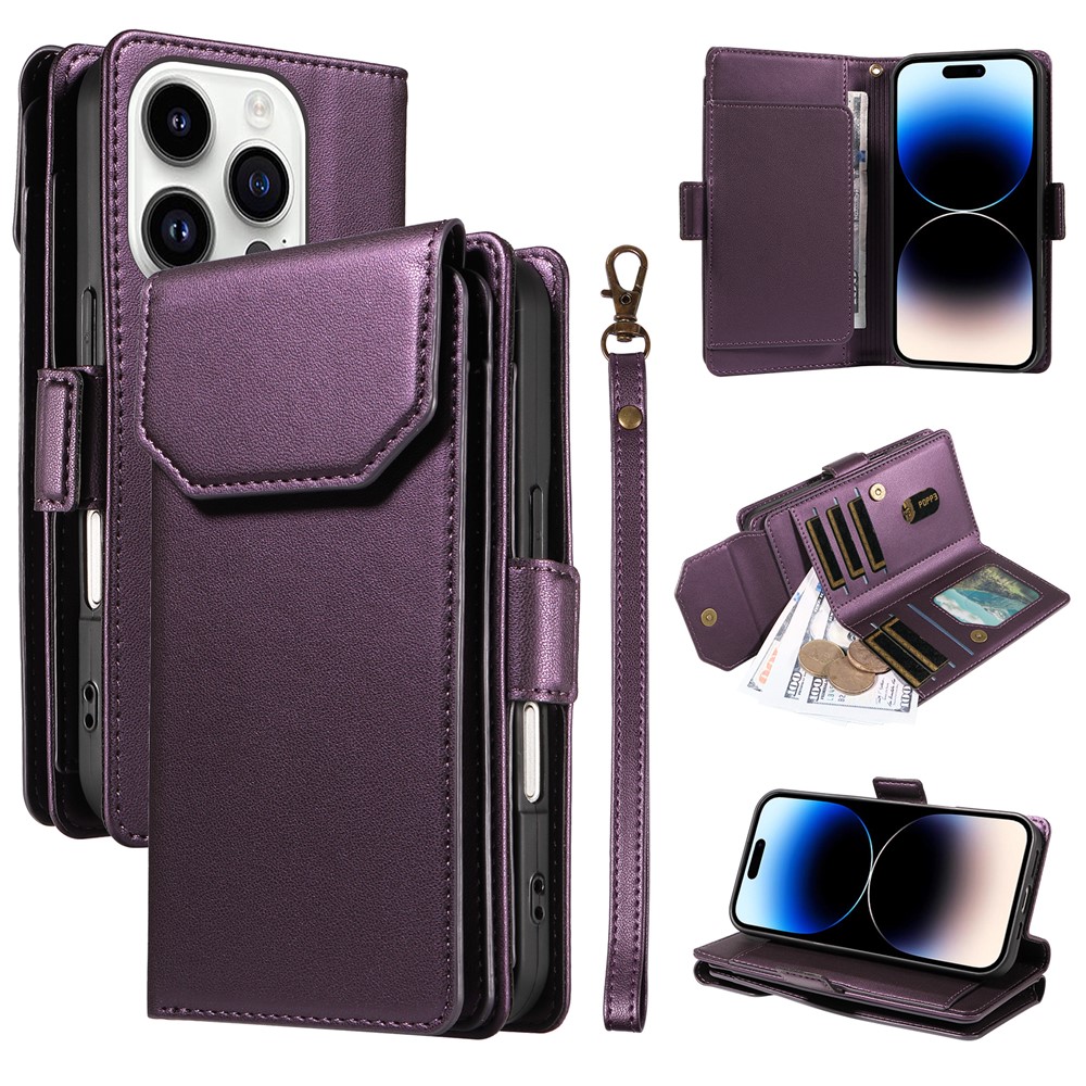 For iPhone 14 Pro Case with Multi-Card Holder and Strap PU Leather Phone Cover Stand - Purple