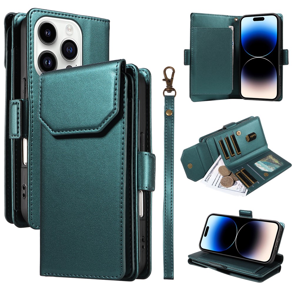 For iPhone 14 Pro Case with Multi-Card Holder and Strap PU Leather Phone Cover Stand - Green