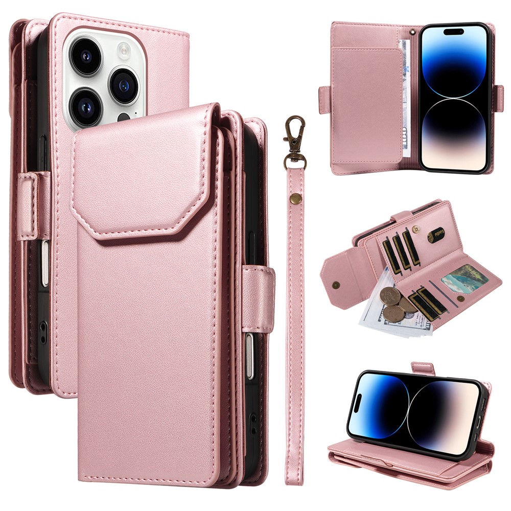 For iPhone 14 Pro Max Case with Multi-Card Holder and Strap PU Leather Phone Cover Stand - Rose Gold