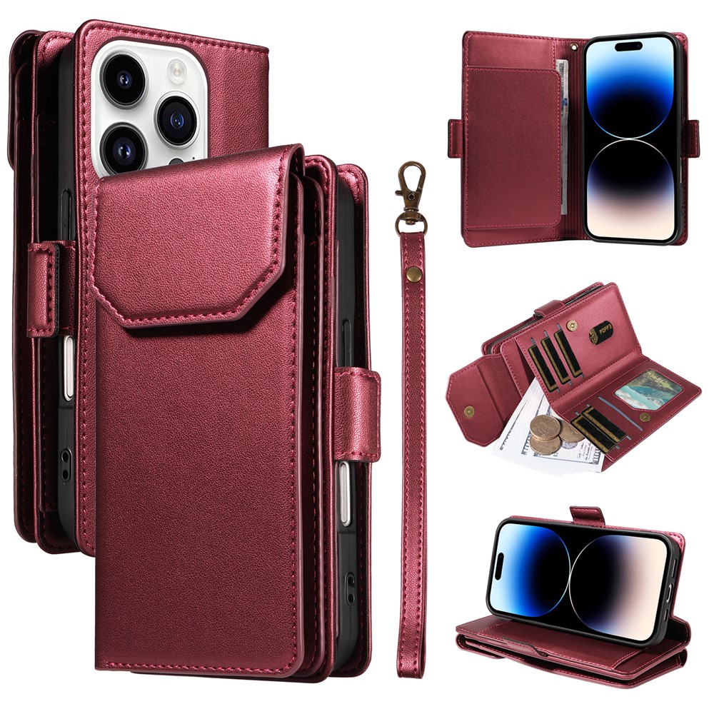 For iPhone 14 Pro Max Case with Multi-Card Holder and Strap PU Leather Phone Cover Stand - Wine Red