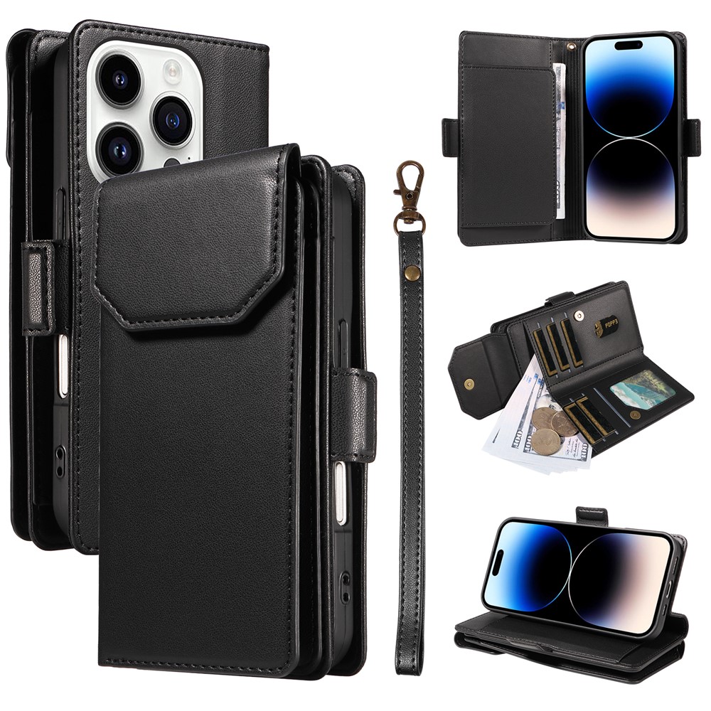For iPhone 14 Pro Max Case with Multi-Card Holder and Strap PU Leather Phone Cover Stand - Black