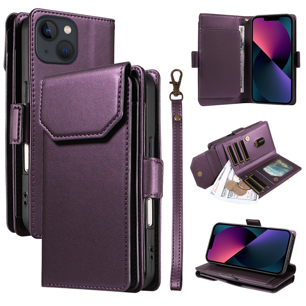 For iPhone 14 Plus Case with Multi-Card Holder and Strap PU Leather Phone Cover Stand - Purple