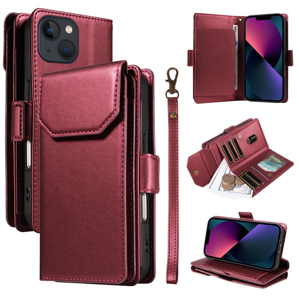 For iPhone 14 Plus Case with Multi-Card Holder and Strap PU Leather Phone Cover Stand - Wine Red