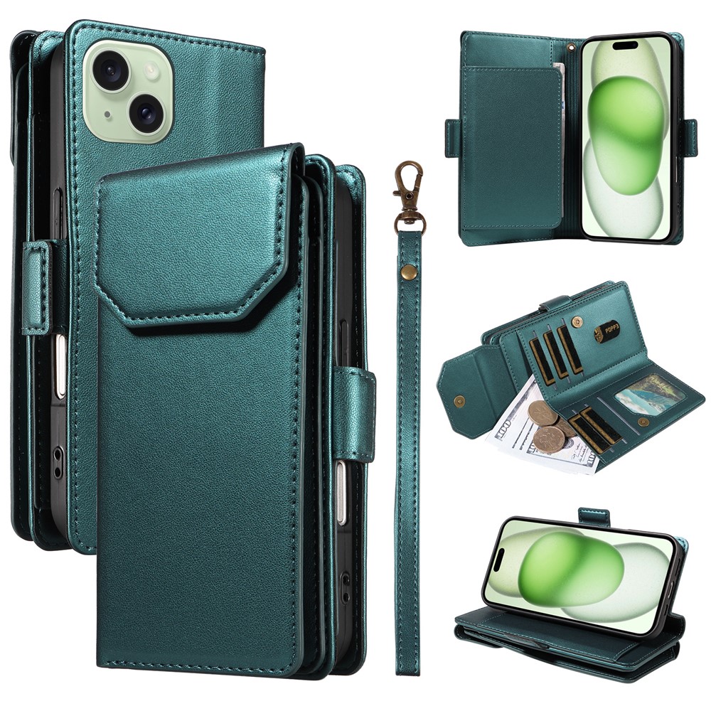 For iPhone 15 Case with Multi-Card Holder and Strap PU Leather Phone Cover Stand - Green