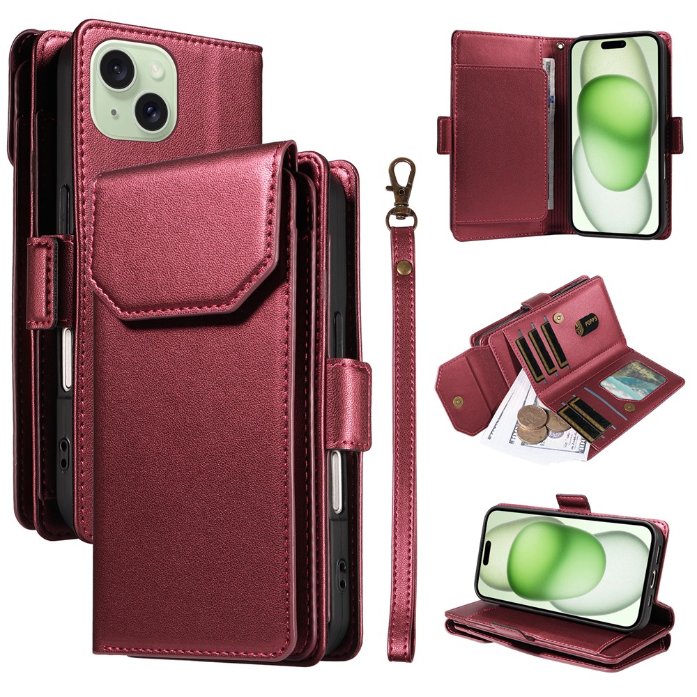 For iPhone 15 Case with Multi-Card Holder and Strap PU Leather Phone Cover Stand - Wine Red