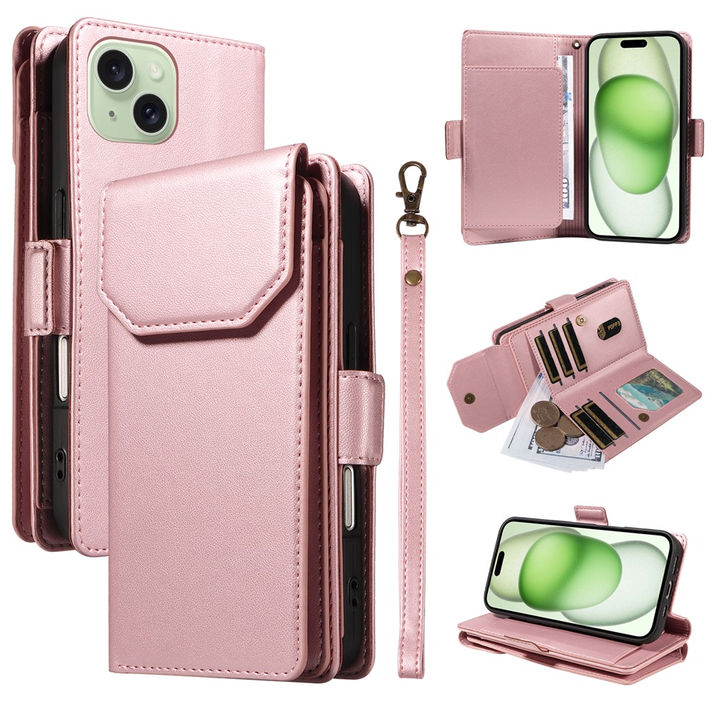 For iPhone 15 Case with Multi-Card Holder and Strap PU Leather Phone Cover Stand - Rose Gold