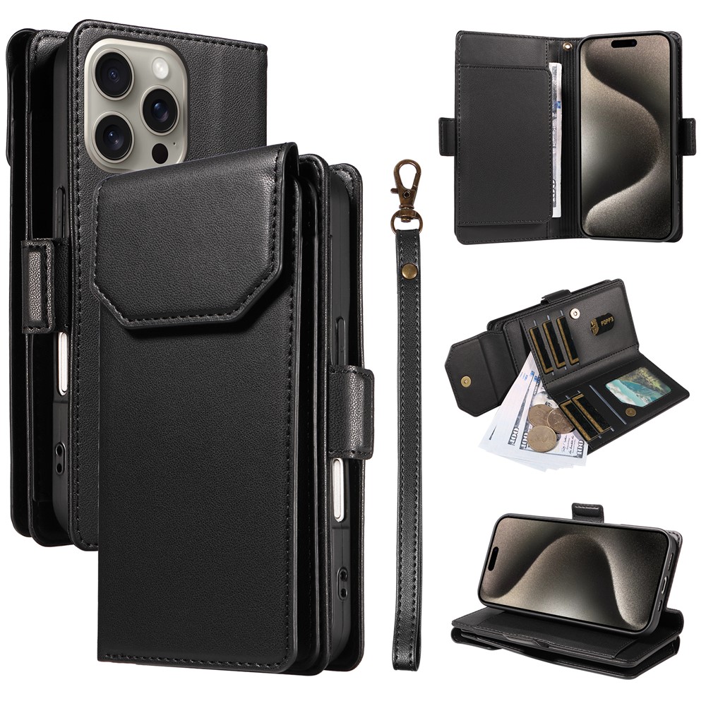 For iPhone 15 Pro Case with Multi-Card Holder and Strap PU Leather Phone Cover Stand - Black