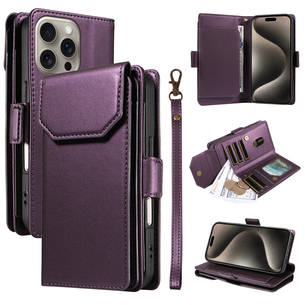 For iPhone 15 Pro Case with Multi-Card Holder and Strap PU Leather Phone Cover Stand - Purple
