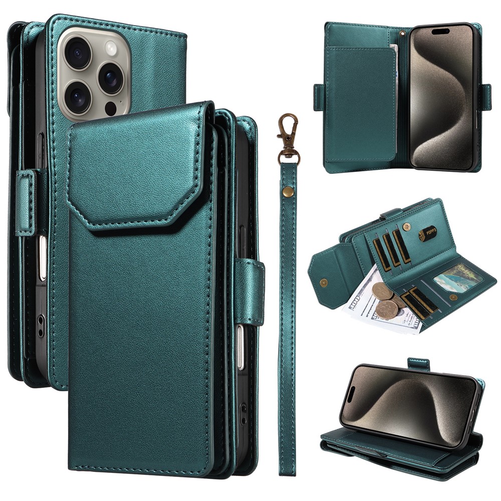 For iPhone 15 Pro Max Case with Multi-Card Holder and Strap PU Leather Phone Cover Stand - Green