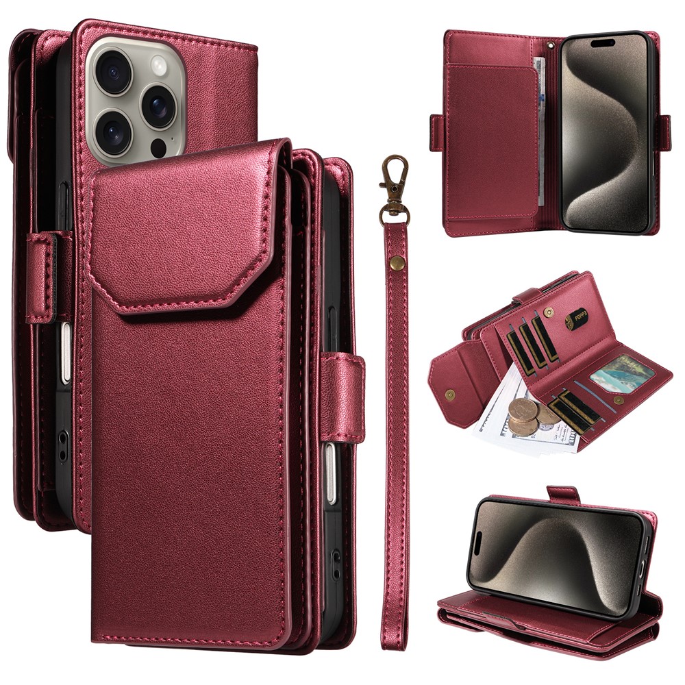 For iPhone 15 Pro Max Case with Multi-Card Holder and Strap PU Leather Phone Cover Stand - Wine Red
