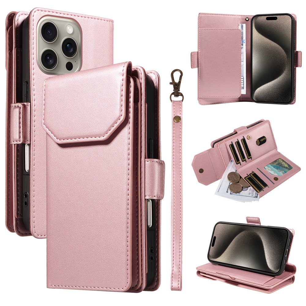 For iPhone 15 Pro Max Case with Multi-Card Holder and Strap PU Leather Phone Cover Stand - Rose Gold