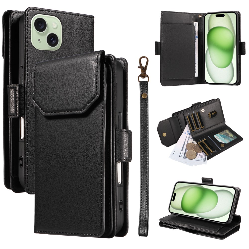 For iPhone 15 Plus Case with Multi-Card Holder and Strap PU Leather Phone Cover Stand - Black