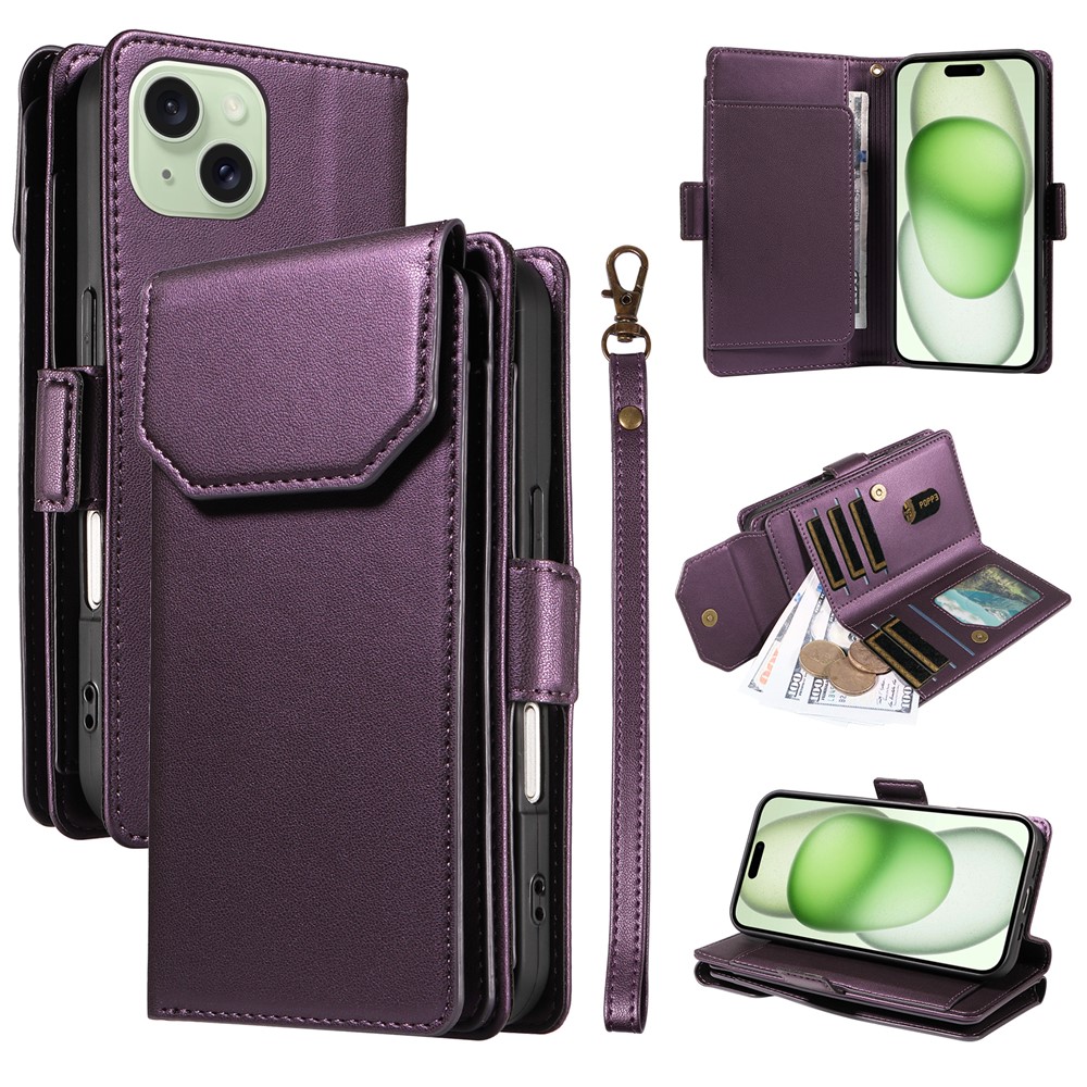 For iPhone 15 Plus Case with Multi-Card Holder and Strap PU Leather Phone Cover Stand - Purple