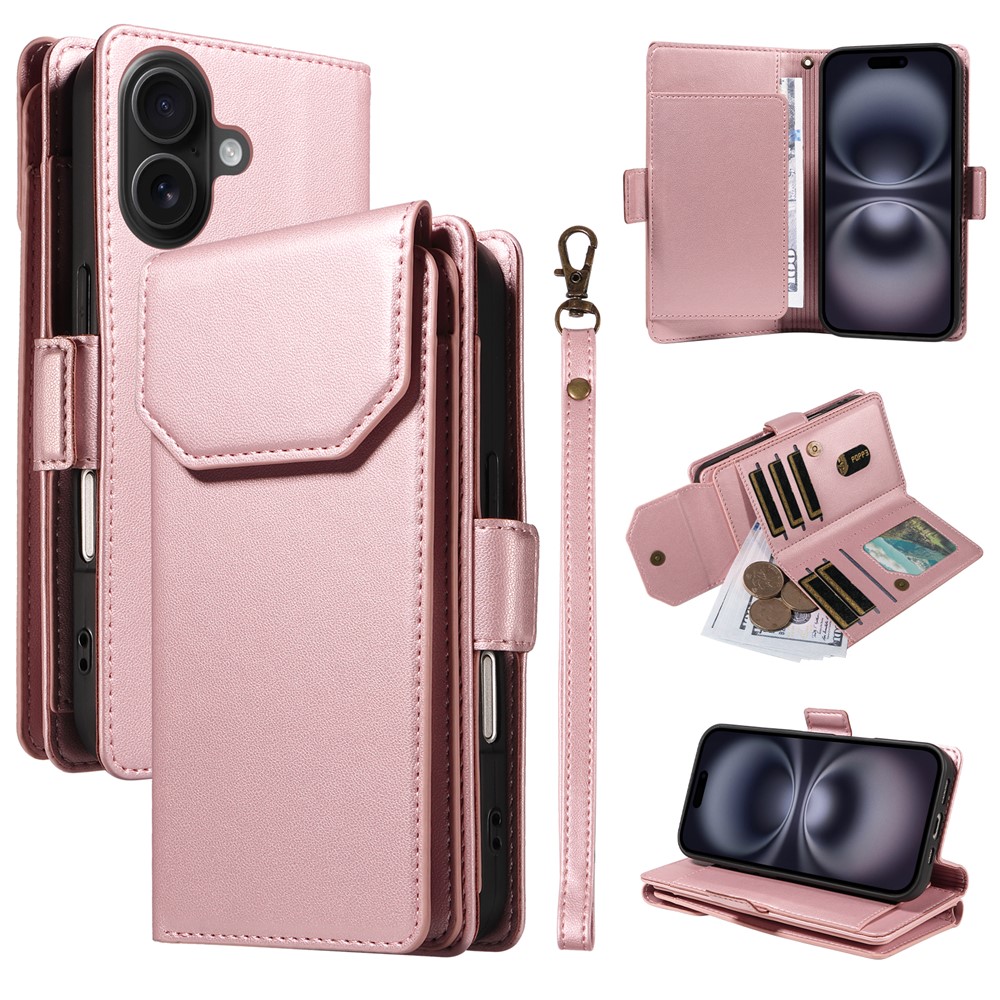 For iPhone 16 Plus Case with Multi-Card Holder and Strap PU Leather Phone Cover Stand - Rose Gold