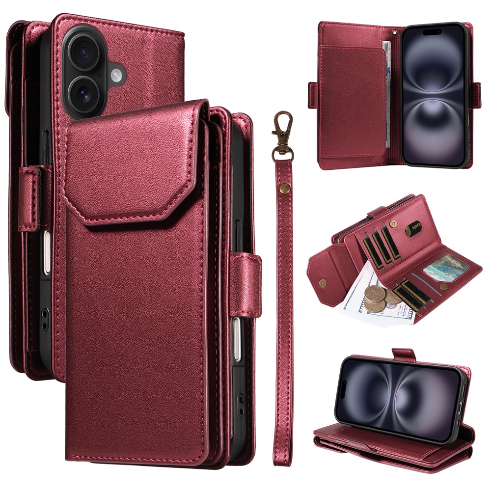 For iPhone 16 Plus Case with Multi-Card Holder and Strap PU Leather Phone Cover Stand - Wine Red