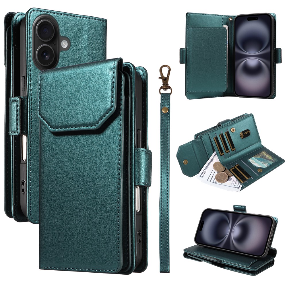 For iPhone 16 Plus Case with Multi-Card Holder and Strap PU Leather Phone Cover Stand - Green