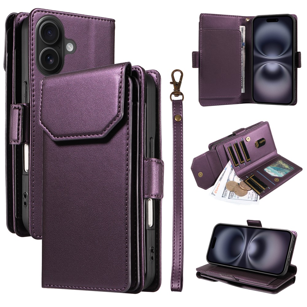 For iPhone 16 Plus Case with Multi-Card Holder and Strap PU Leather Phone Cover Stand - Purple
