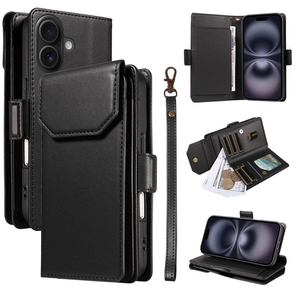 For iPhone 16 Plus Case with Multi-Card Holder and Strap PU Leather Phone Cover Stand - Black