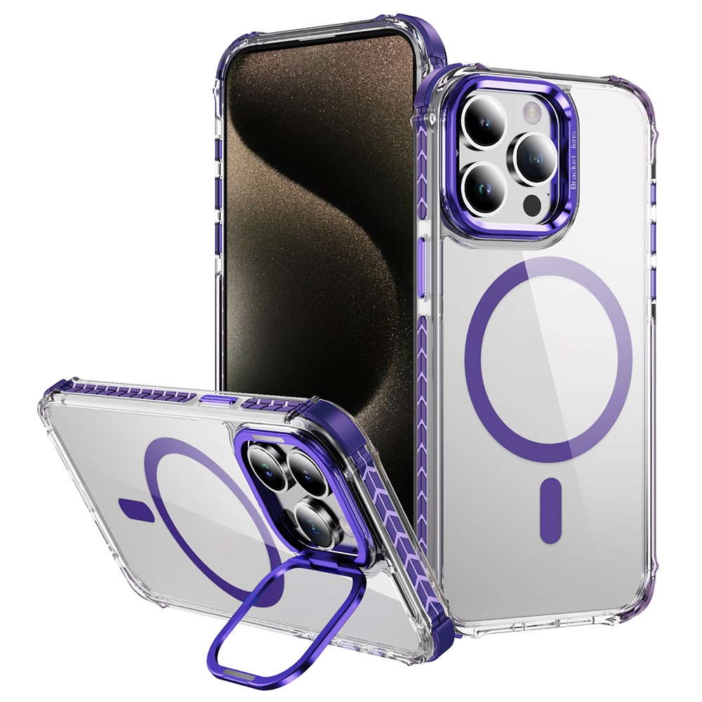 For iPhone 13 Pro Clear Phone Case with Lens Kickstand Cover Compatible with MagSafe - Purple