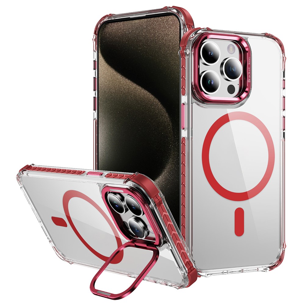 For iPhone 12 / 12 Pro Clear Phone Case with Lens Kickstand Cover Compatible with MagSafe - Red