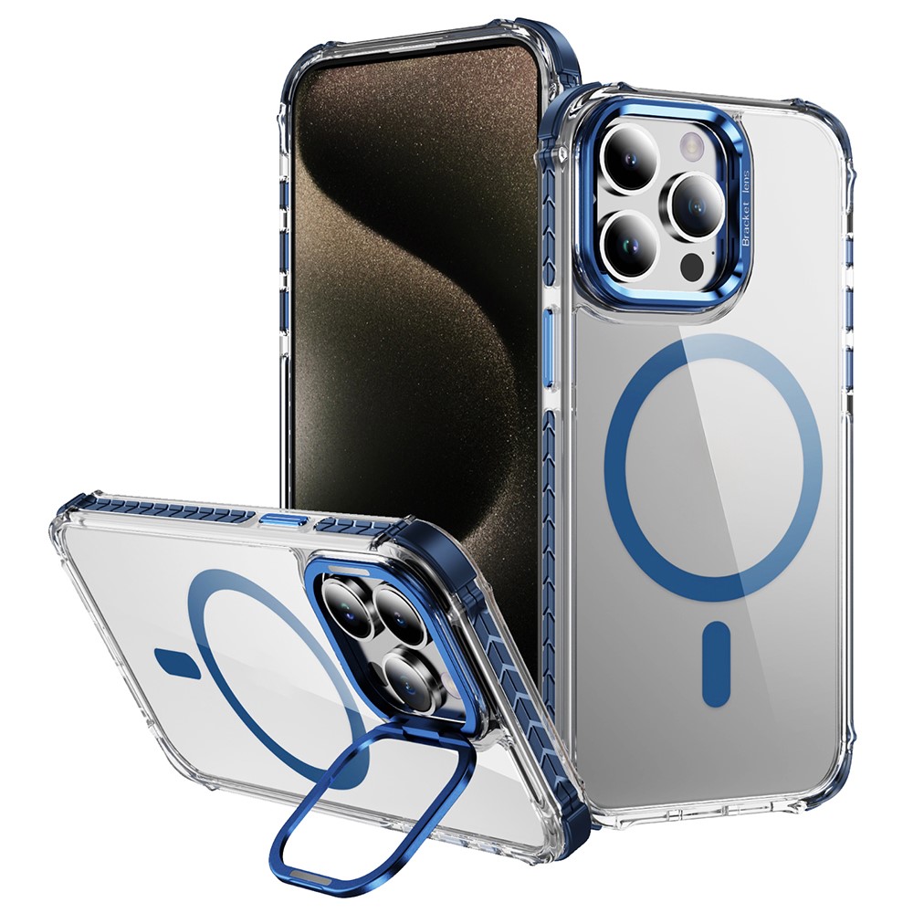 For iPhone 12 / 12 Pro Clear Phone Case with Lens Kickstand Cover Compatible with MagSafe - Blue