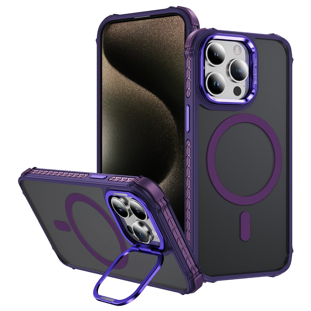 For iPhone 12 Pro  /  12 Case with Lens Kickstand Matte Phone Back Cover Compatible with MagSafe - Purple