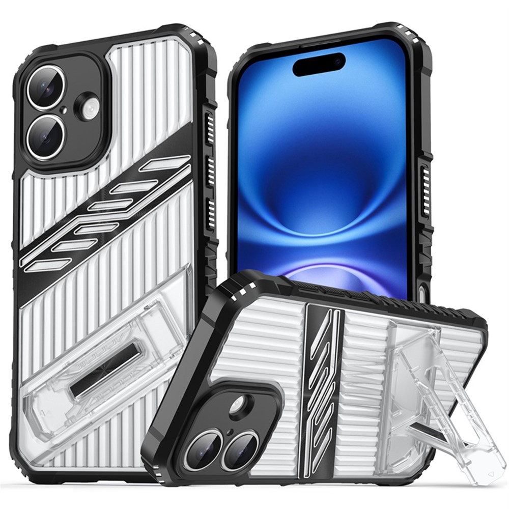 For iPhone 16 Plus Case Folding Kickstand PC + TPU Anti Drop Phone Cover - Transparent Black