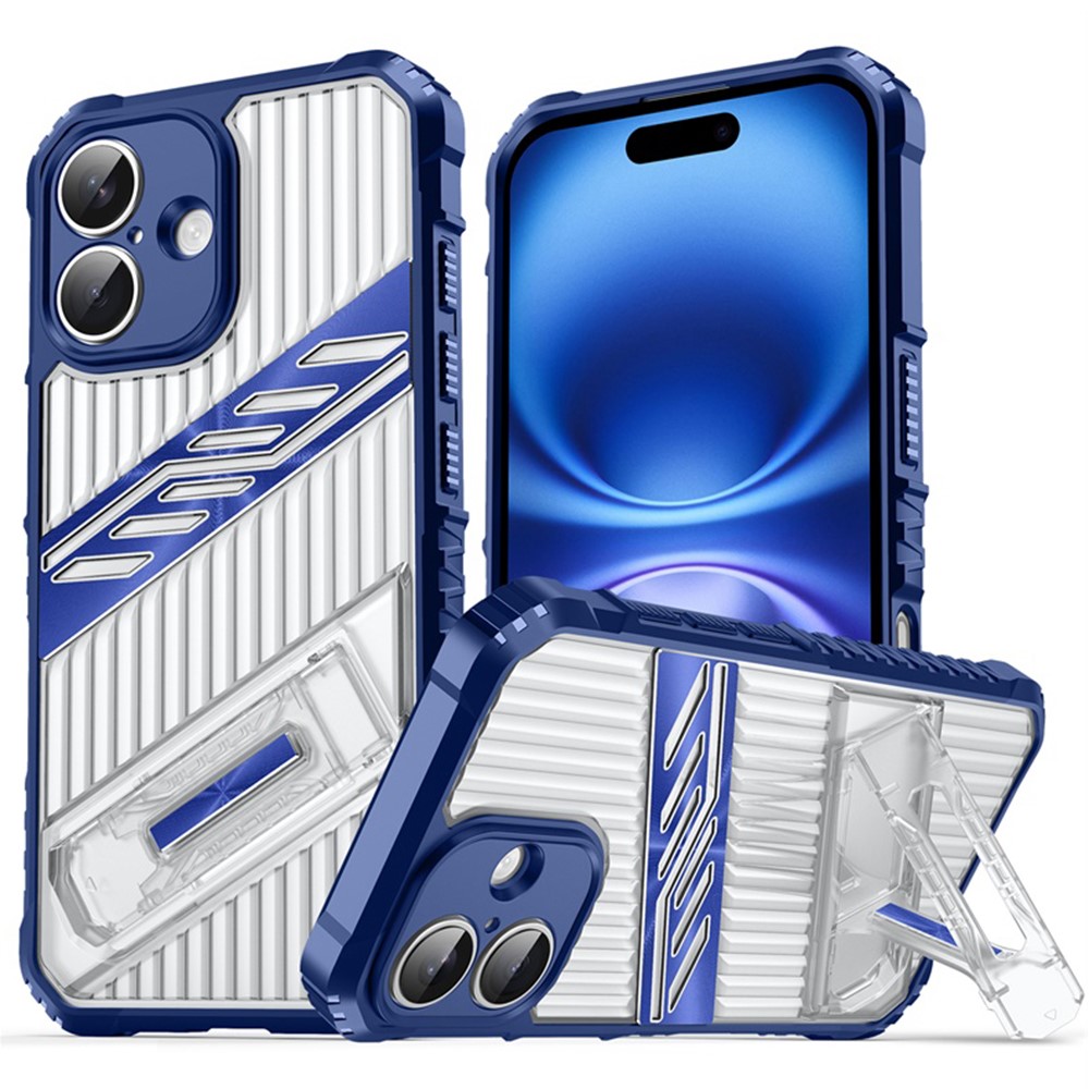 For iPhone 16 Plus Case Folding Kickstand PC + TPU Anti Drop Phone Cover - Navy Blue
