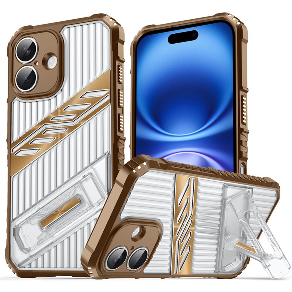 For iPhone 16 Plus Case Folding Kickstand PC + TPU Anti Drop Phone Cover - Desert Gold