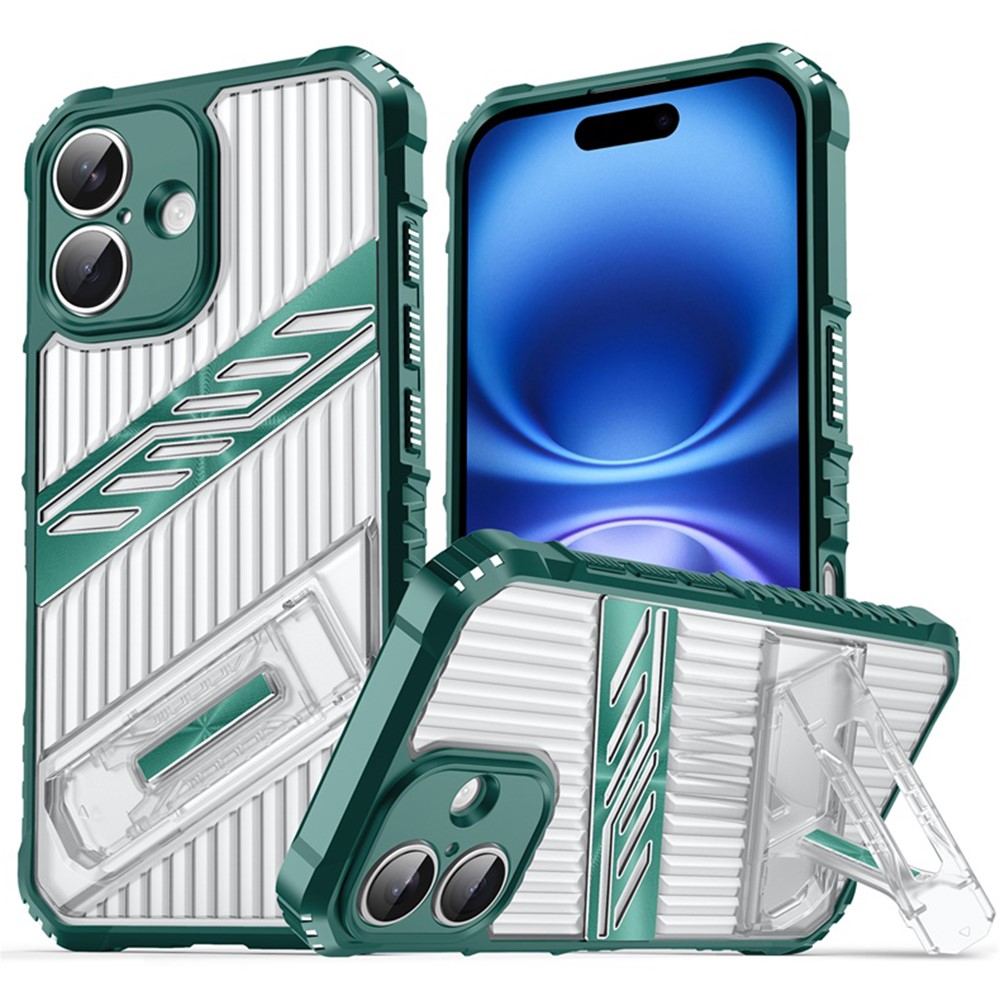 For iPhone 16 Plus Case Folding Kickstand PC + TPU Anti Drop Phone Cover - Dark Green
