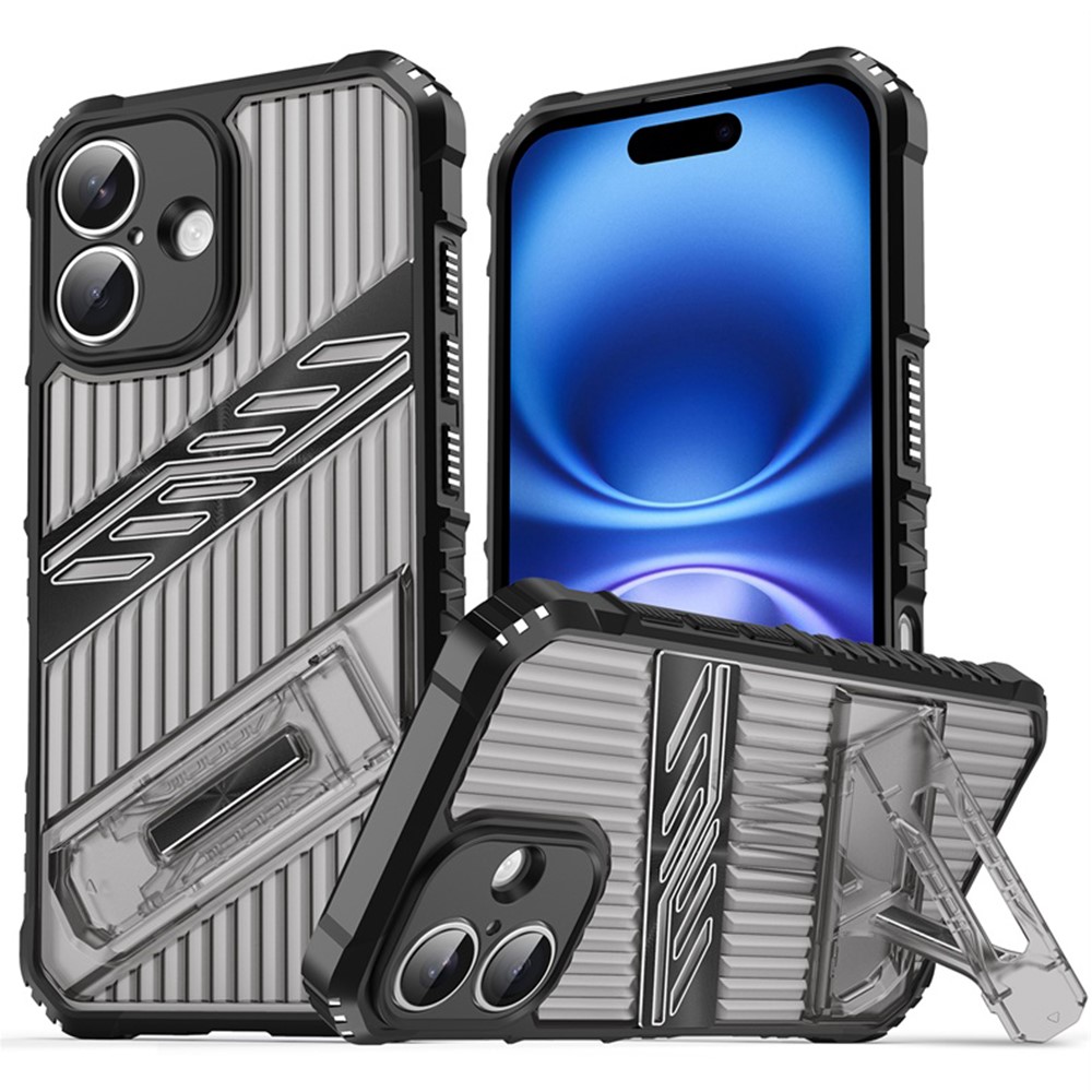 For iPhone 16 Plus Case Folding Kickstand PC + TPU Anti Drop Phone Cover - Black / Grey