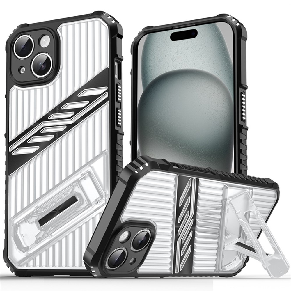 For iPhone 15 Case Folding Kickstand PC + TPU Anti Drop Phone Cover - Transparent Black