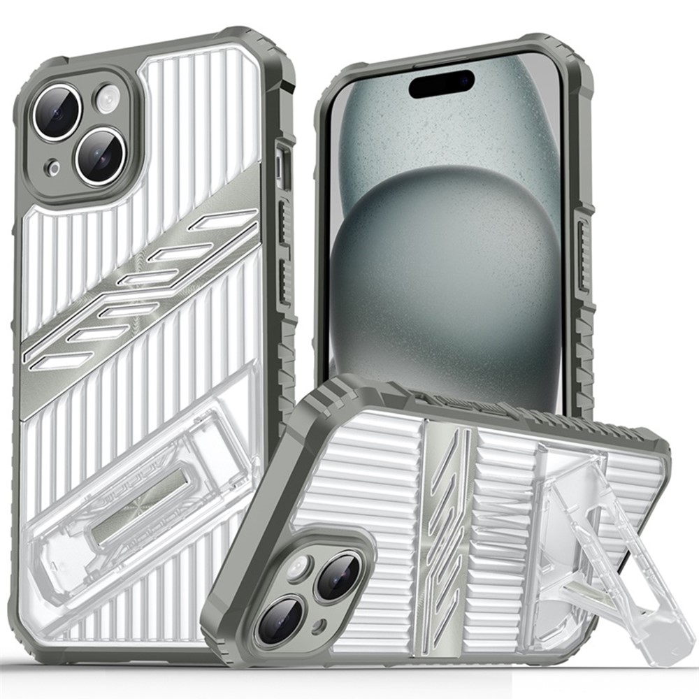 For iPhone 15 Case Folding Kickstand PC + TPU Anti Drop Phone Cover - Dark Grey