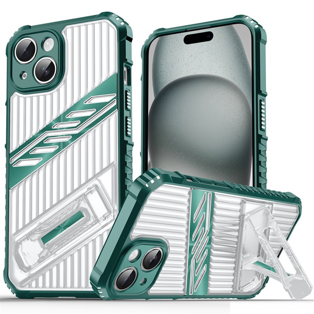 For iPhone 15 Case Folding Kickstand PC + TPU Anti Drop Phone Cover - Dark Green