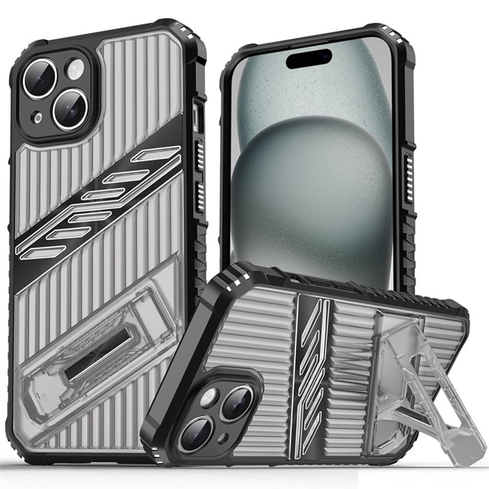 For iPhone 15 Case Folding Kickstand PC + TPU Anti Drop Phone Cover - Black / Grey
