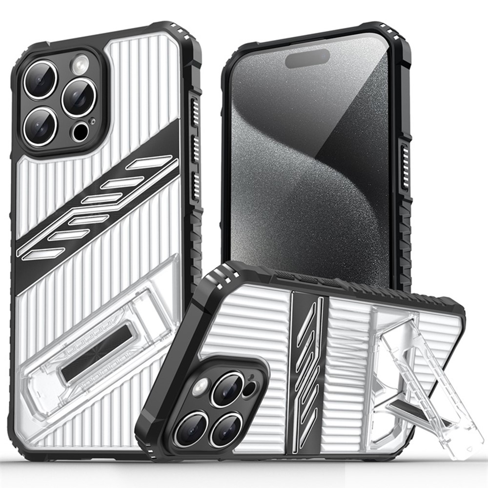 For iPhone 15 Pro Case Folding Kickstand PC + TPU Anti Drop Phone Cover - Transparent Black