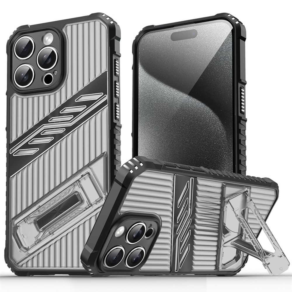 For iPhone 15 Pro Case Folding Kickstand PC + TPU Anti Drop Phone Cover - Black / Grey