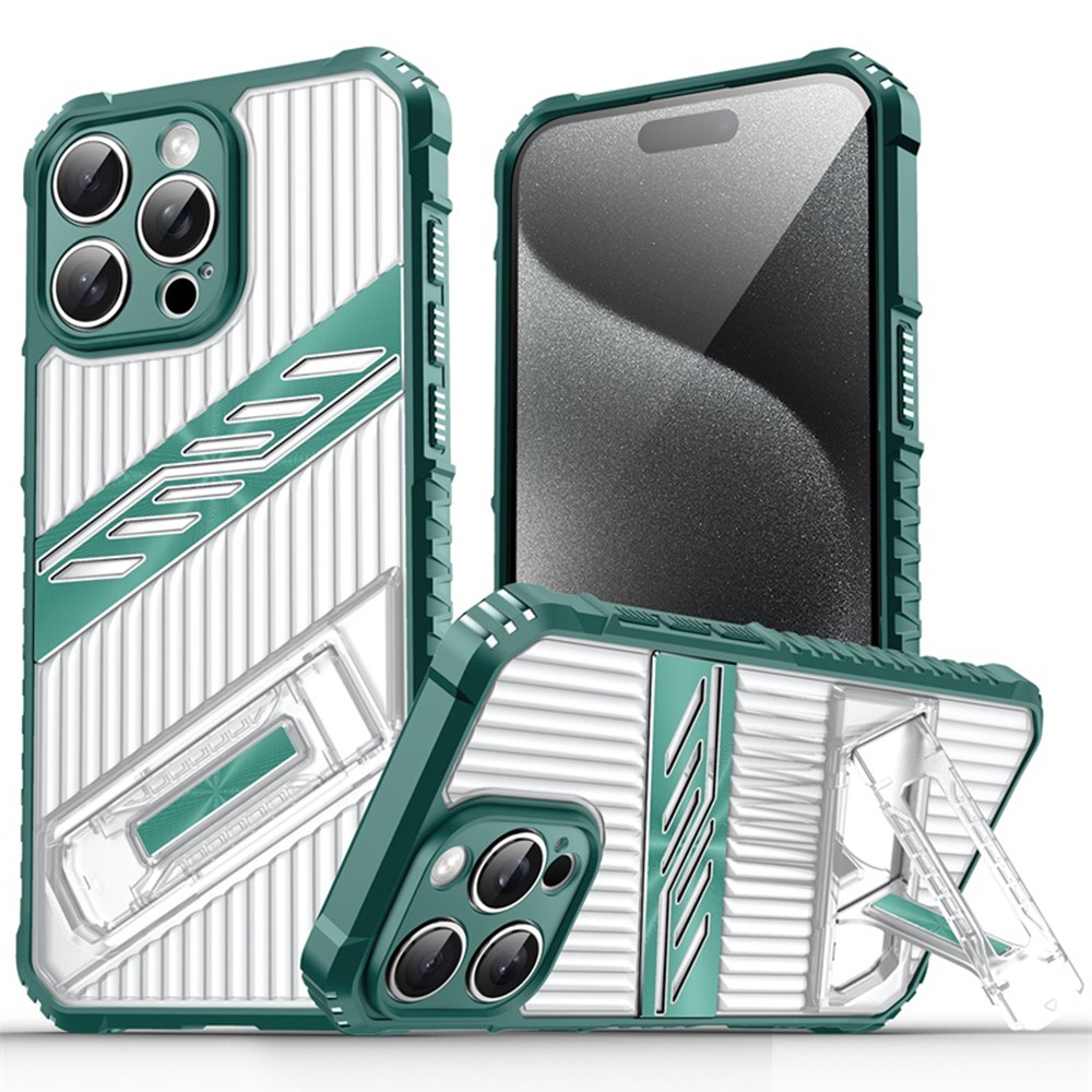 For iPhone 15 Pro Max Case Folding Kickstand PC + TPU Anti Drop Phone Cover - Dark Green