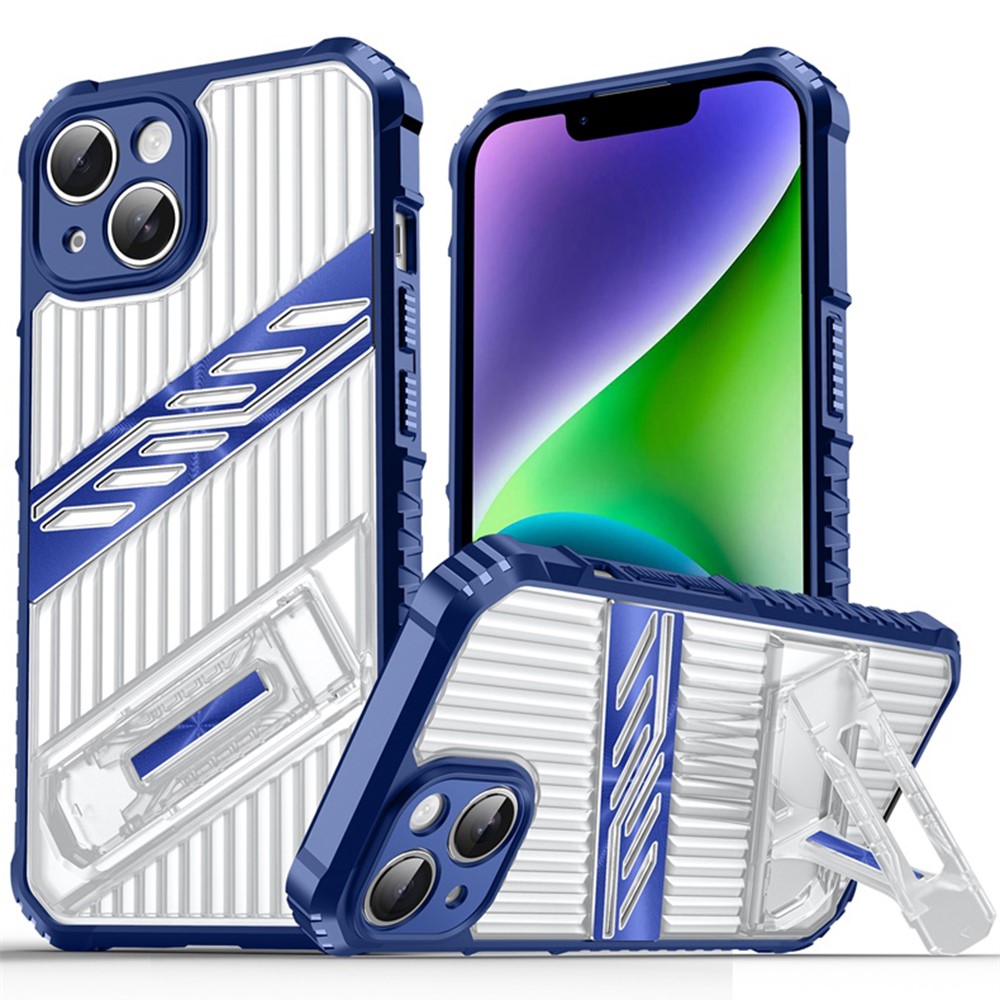For iPhone 14 Case Folding Kickstand PC + TPU Anti Drop Phone Cover - Navy Blue