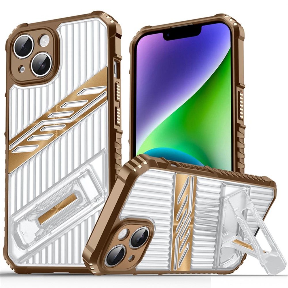 For iPhone 14 Case Folding Kickstand PC + TPU Anti Drop Phone Cover - Desert Gold