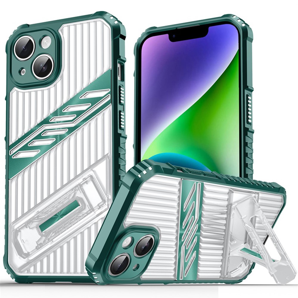For iPhone 14 Case Folding Kickstand PC + TPU Anti Drop Phone Cover - Dark Green