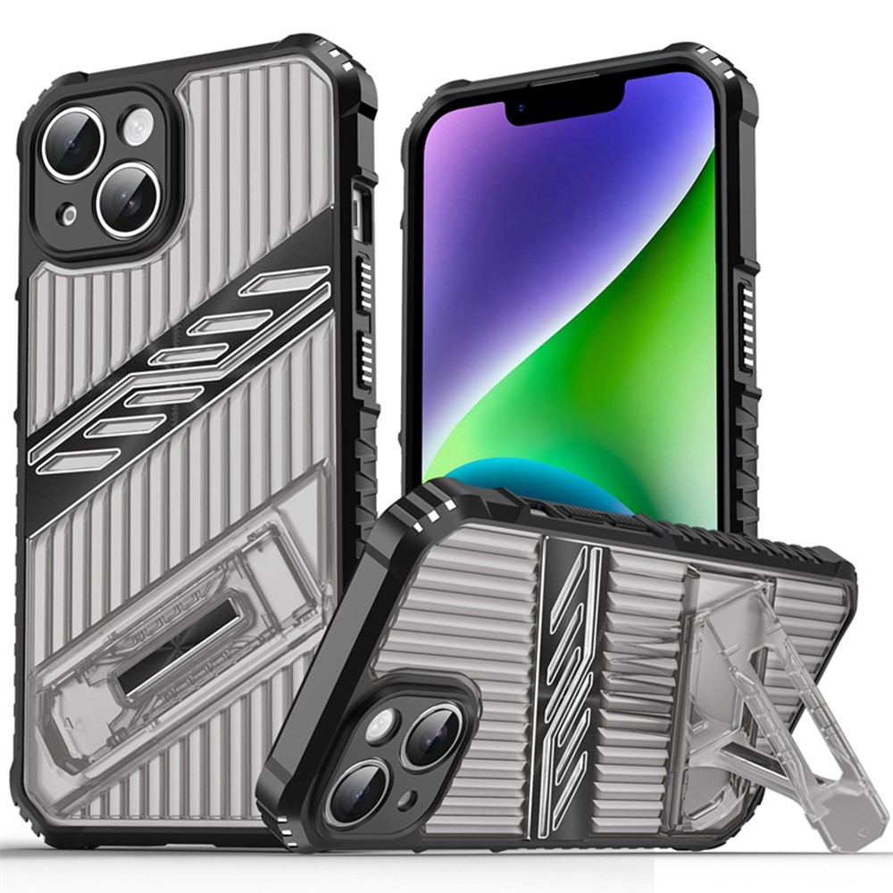 For iPhone 14 Case Folding Kickstand PC + TPU Anti Drop Phone Cover - Black  /  Grey